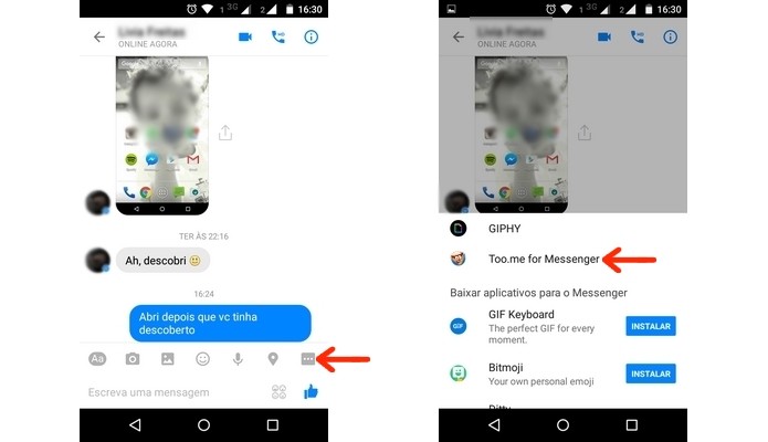 Too.me já integrado ao Facebook Messenger para Android (Foto: Reprodução/ Raquel Freire)