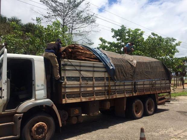 PRF apreende madeira ilegal em Capanema. (Foto: Divulgação/ PRF)