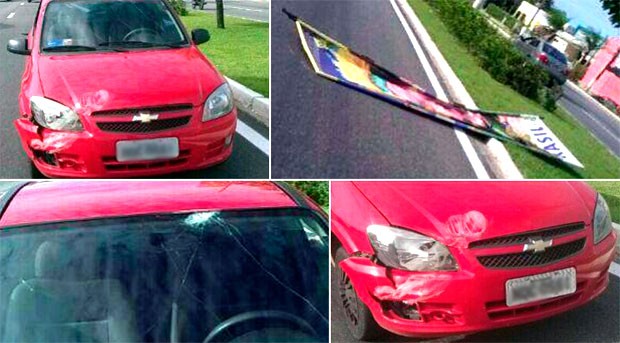 Carro do universitário ficou danificado ao ser atingido pelo cartaz (Foto: Wesley Tiago/G1)
