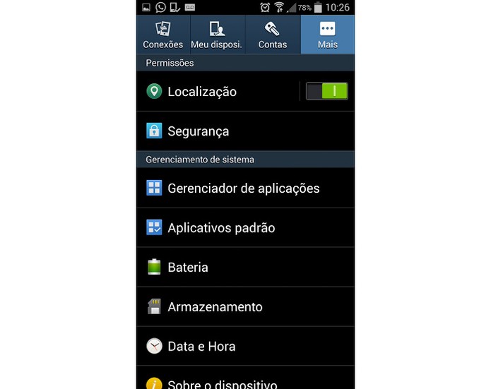 Opção "Segurança" no menu do Galaxy S4 (Foto: Reprodução) Opção "Segurança" no menu do Galaxy S4 (Foto: Reprodução)