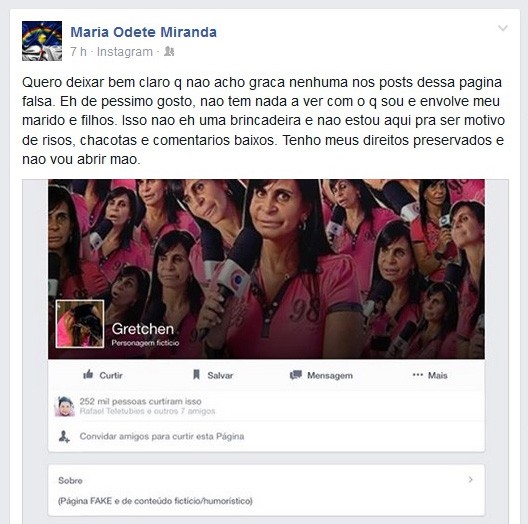 Gretchen comenta página fake com seu nome no Facebook (Foto: Facebook / Reprodução) Gretchen comenta página fake com seu nome no Facebook (Foto: Facebook / Reprodução)