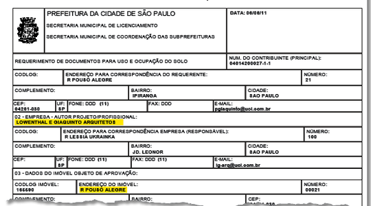 Requerimento na prefeitura em nome do escritório Lowenthal e Giaquinto. O endereço Rua Pouso Alegre, 21 é do Instituto Lula (Foto: reprodução)