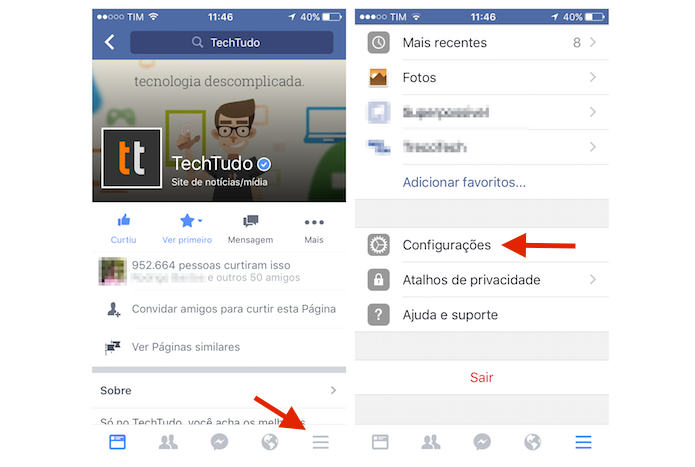 Acessando as configurações do Facebook para iPhone (Foto: Marvin Costa/TechTudo) Acessando as configurações do Facebook para iPhone (Foto: Marvin Costa/TechTudo)