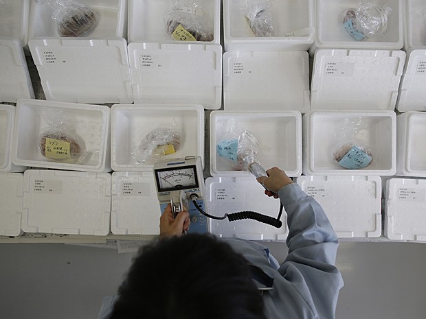 Técnico usa contador Geiger para medir radiação ionizante em peixes (Foto: Issei Kato/Reuters)