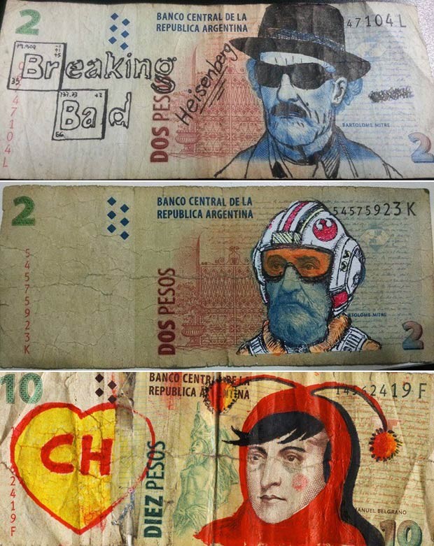 Notas de peso argentino tiveram seus personagens transformados por desenhos (Foto: Reprodução/Facebook/Los Billetes Andan Diciendo)