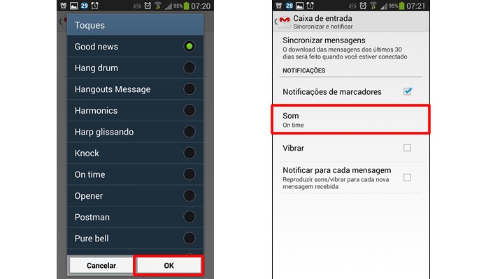 Confirme a escolha do som em “Ok”, verifique se opção está correta e repita este procedimento nas outras contas de e-mail cadastradas (Foto: Reprodução/Daniel Ribeiro)