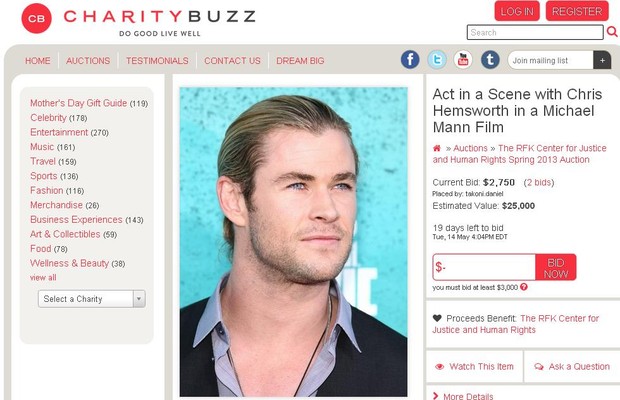 Leilão oferece também a participação em uma cena de filme com o ator Chris Hemsworth, em um filme do cineasta Michael Mann (Foto: Reprodução Internet)