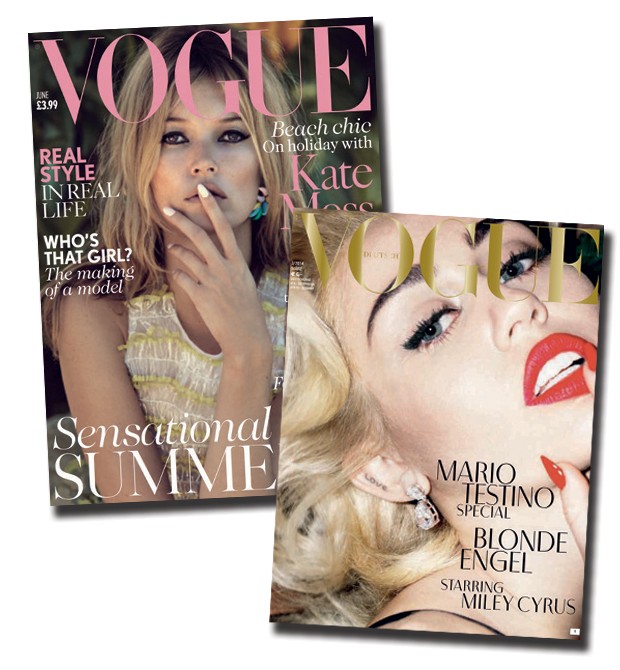 Com perfume vintage, as unhas arredondadas conquistaram o mundo da moda e as capas de Vogue. Ao lado, Kate Moss na edição inglesa e Miley Cyrus na alemã (Foto:  )
