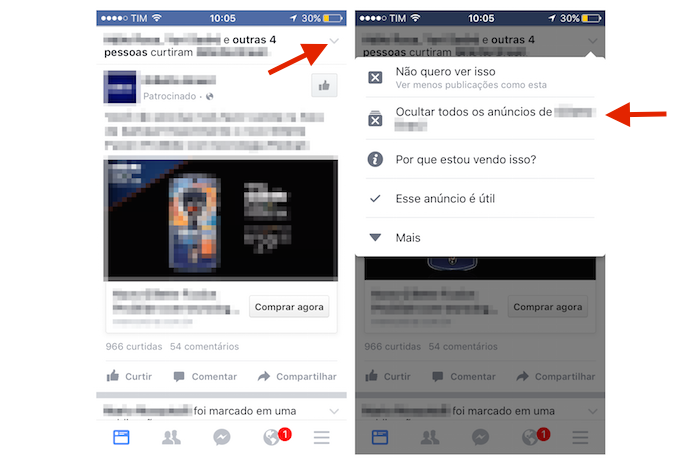 Acessando a função que oculta anúncios no Facebook pelo iPhone (Foto: Reprodução/Marvin Costa)
