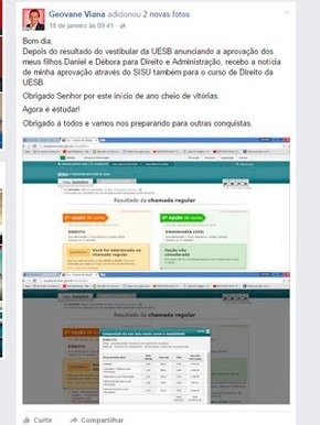 Pai comemorou aprovação dele e dos filhos em post em rede social (Foto: Reprodução/Facebook) Pai comemorou aprovação dele e dos filhos em post em rede social (Foto: Reprodução/Facebook)