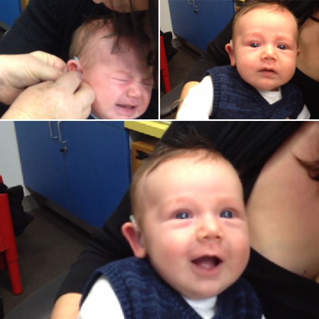 Lachlan sorri ao ouvir a voz do pai com a ajuda de um aparelho (Foto: Reprodução/YouTube/Toby Lever)