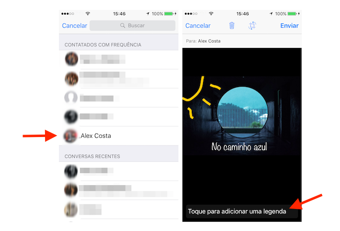 Tela de envio de uma foto compartilhada do iOS para o WhatsApp (Foto: Reprodução/Marvin Costa)