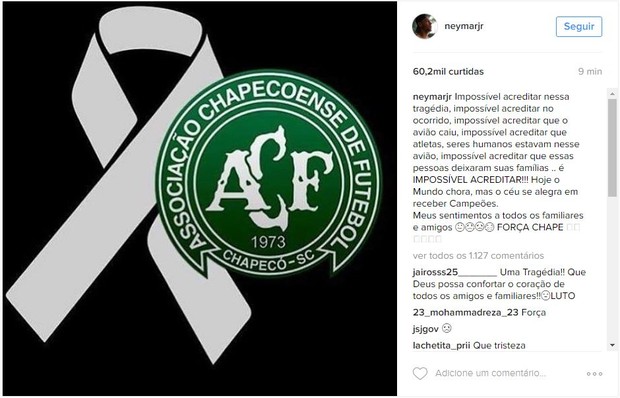 Neymar lamenta tragedia com time da Chapecoense (Foto: Instagram / Reprodução)