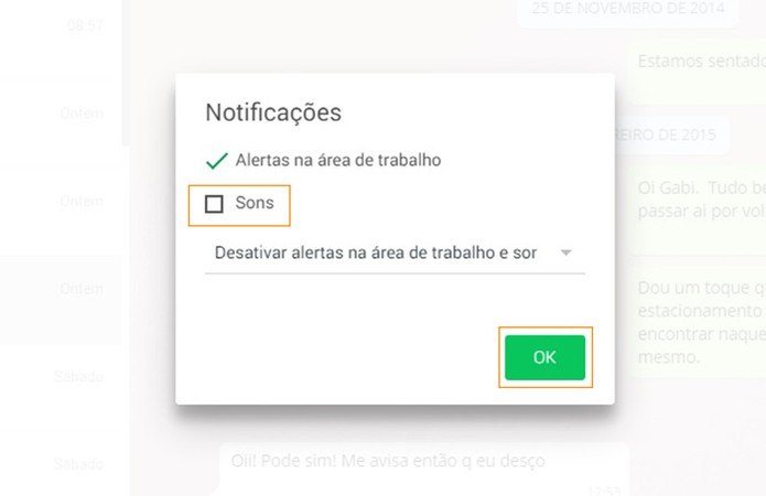 É possível desativar os sons de forma definitiva no WhatsApp web desmarcando a caixa de texto (Foto: Reprodução/Barbara Mannara)