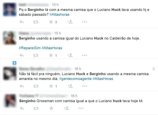 Luciano Huck e Serginho Groisman usam camisas iguais (Foto: Reprodução/Twitter)