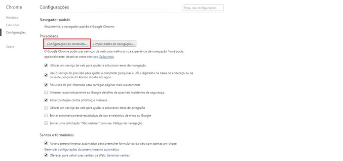 Clique em Configurações de Conteúdo (Foto: Reprodução/Google Chrome)