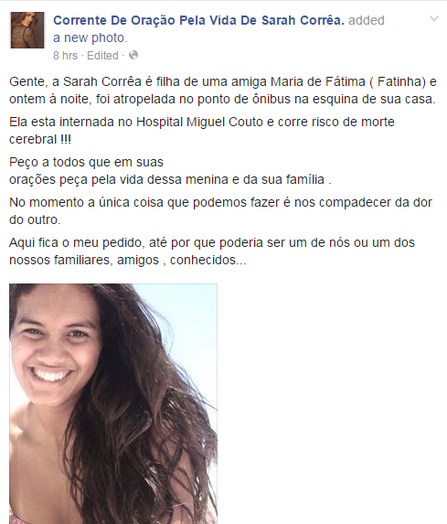 Amigos fazem campanha de oração para Sarah Correa (Foto: Reprodução / Facebook)