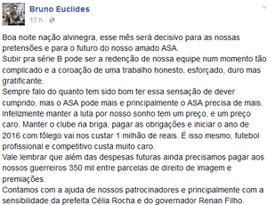 Presidente do ASA, Bruno Euclides desabafa em rede social (Foto: Reprodução Facebokk)