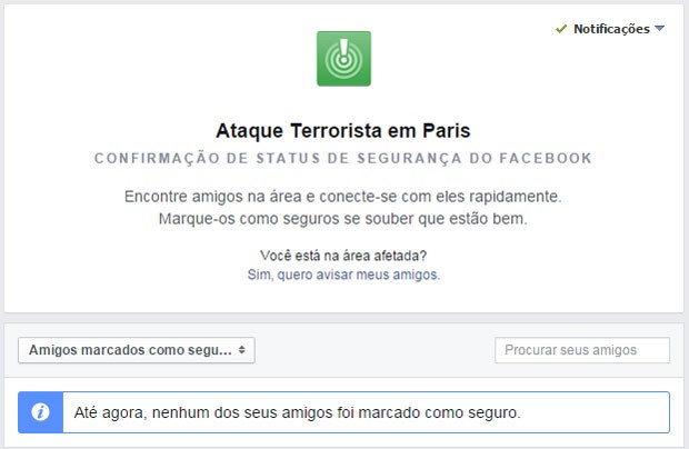 Usuários podem avisar que estão bem através de status de segurança do Facebook, após ataques em Paris (Foto: Reprodução/Facebook)