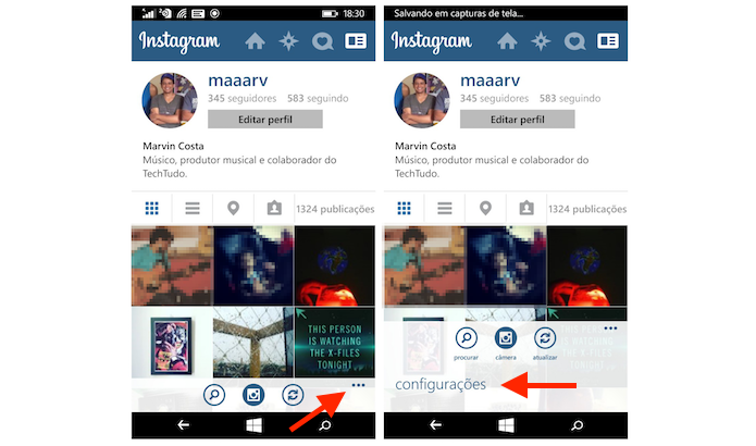 Acessando as configurações do Instagram Beta do Windows Phone (Foto: Reprodução/Marvin Costa)