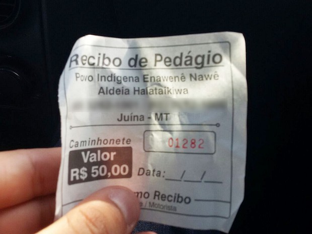 Recibo de pedgio de indgenas em Mato Grosso (Foto: Luiz Gonzaga Neto/TVCA)