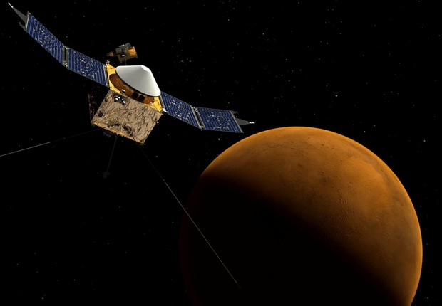 Foto de arquivo da Nasa de 22 de setembro de 2014 mostra maquete virtual da nave espacial Maven na órbita ao redor de Marte (Foto: NASA/EFE)