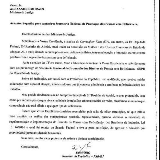 Ofício em que Romário indica nome para secretaria do Ministério da Justiça (Foto: Reprodução)