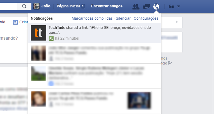 Notificações de páginas aparecem na barra do Facebook (Foto: Reprodução/Facebook)