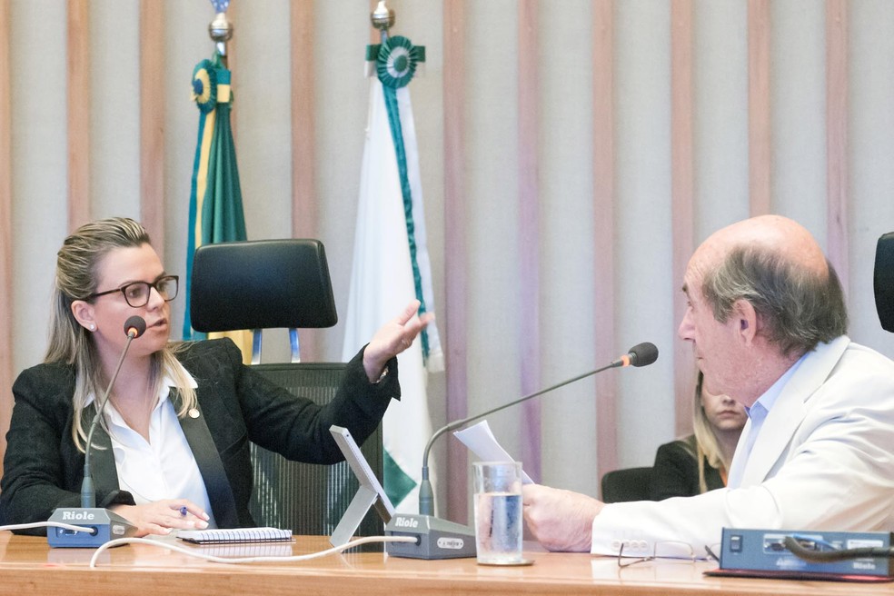 Ex-assessora Jurídica Legislativa Hellen Falcão em depoimento na CPI da Saúde (Foto: CLDF/Divulgação)