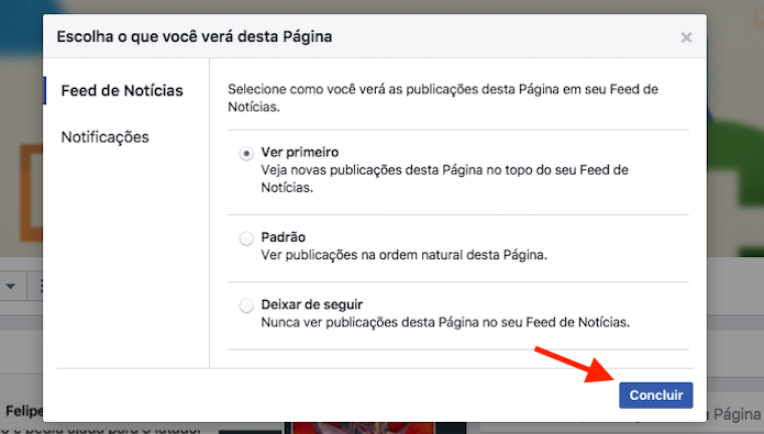 Opção para ver primeiro no feed de notícias a publicação de uma página curtida no Facebook (Foto: Reprodução/Marvin Costa)