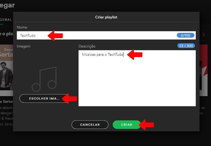 Preencha os dados para criar uma nova playlist no Spotify (Foto: Reprodução/Rodrigo Fernandes) Preencha os dados para criar uma nova playlist no Spotify (Foto: Reprodução/Rodrigo Fernandes)