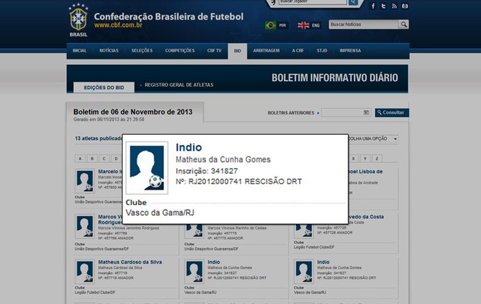 Matheus Indio site CBF Vasco (Foto: Reprodução / Site Oficial da CBF)