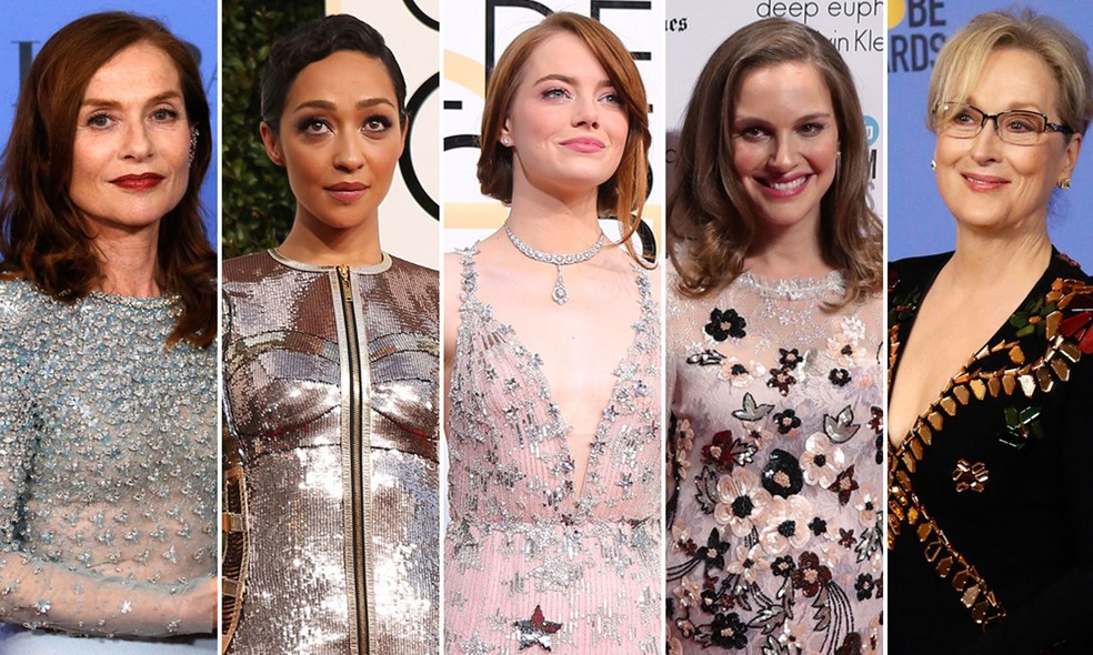 Indicadas ao Oscar de melhor atriz em 2017; a partir da esquerda: Isabelle Huppert ('Elle'), Ruth Negga ('Loving'), Natalie Portman ('Jackie'), Emma Stone ('La la land') e Meryl Streep ('Florence: Quem é essa mulher') (Foto: Reuters)