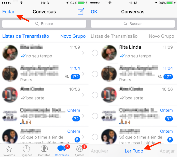 Opção para marcar todas as mensagens como lidas no WhatsApp para iPhone (Foto: Reprodução/Marvin Costa)