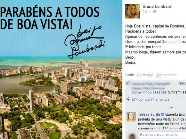 Atriz parabenizou os 125 anos de Boa Vista, capital de Roraima, mas publicou foto de bairro do Recife (Foto: Reprodução/Facebook)