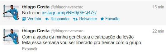 Thiago postou mensagem no Twitter falando da sua recuperação (Foto: Reprodução / Twitter)