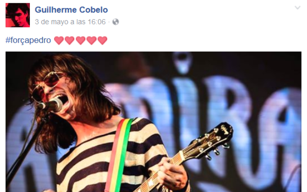 Vocalista da banda Joe Silhueta, Guilherme Cobelo, faz corrente em rede social pela recuperação do baixista Pedro Souto (Foto: Facebook/Reprodução)