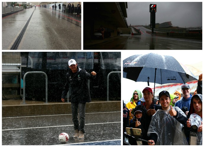 Chuva forte em Austin mudou a rotina da Fórmula 1 no sábado (Foto: Getty Images e Reprodução/Twitter)