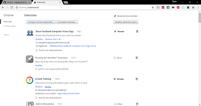 Google Chrome mostrará extensão adicionada no topo da tela (Foto: Reprodução/Elson de Souza)