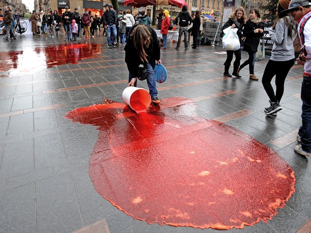 Ativistas derramam sangue animal em praça durante protesto (Foto: Remy Gabalda/AFP)