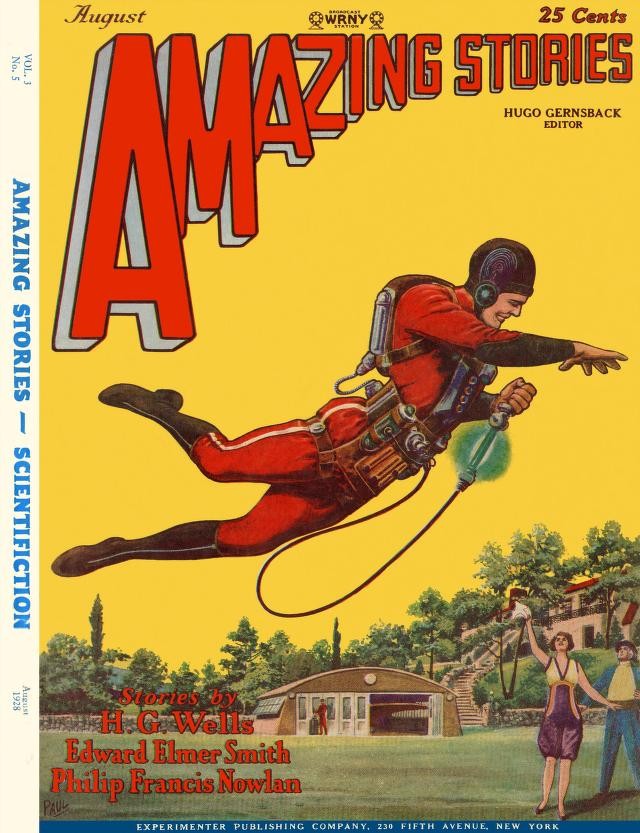 Amazing Stories, edição de agosto de 1928, homem com equipamento de voo, estreia de Buck Rogers (Foto: Internet Archives.org)