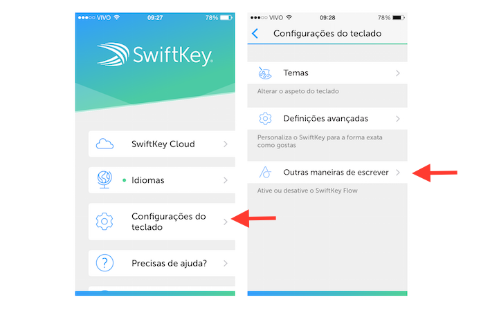 Acessando as configurações de modos de escrita no SwftKey para iOS (Foto: Reprodução/Marvin Costa)