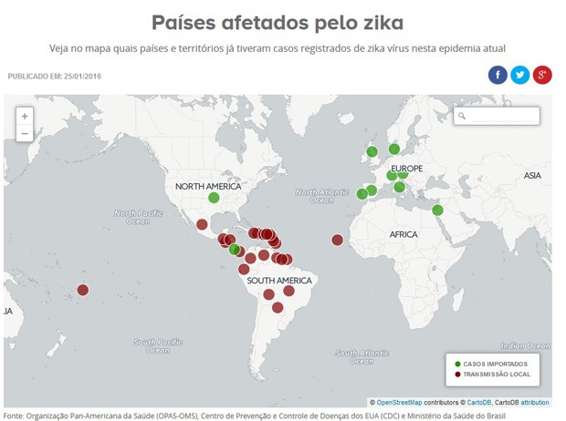 Casos de zika no mundo - 28/1/16 (Foto: Editoria de arte/G1)