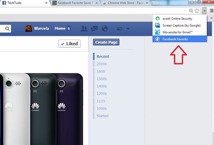 Ícone de acesso à extensão Facebook Favorite no navegador (Foto: Reprodução/ Marcela Vaz)