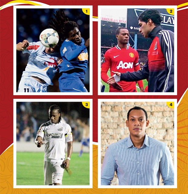 NA PRÓPRIA PELE 1. Tinga, do Cruzeiro, disputa lance no Peru 2. Luis Suárez recusa-se a cumprimentar  o francês Patrice Evra  3. Arouca, chamado  de macaco por torcedores do Mogi Mirim  4. O ex-árbitro Marcio Chagas da Silva (Foto: Luka Gonzales/AFP, reprodução,  Léo Santos/Futura Press e Ricardo Jaeger/ÉPOCA)