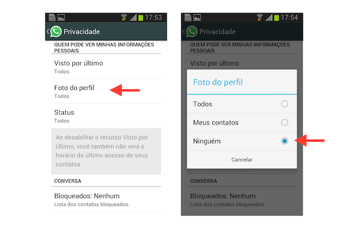 Alterando a privacidade da foto de perfil no WhatsApp para Android (Foto:  Reprodução/Marvin Costa)