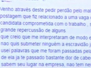 Funcionário postou mensagem pedindo perdão (Foto: Reprodução/ TVCA) Funcionário postou mensagem pedindo perdão (Foto: Reprodução/ TVCA)