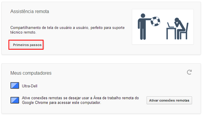 Se ainda não tiver usado a assistência remota, clique em Primeiros passos (Foto: Reprodução/Paulo Alves)