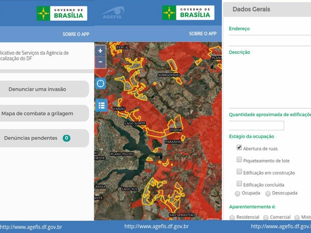 Abas do aplicativo do Agefis que pode ser usado para fazer denuncias sobre grilagem de terras no DF (Foto: Reprodução/GDF) Abas do aplicativo do Agefis que pode ser usado para fazer denuncias sobre grilagem de terras no DF (Foto: Reprodução/GDF)