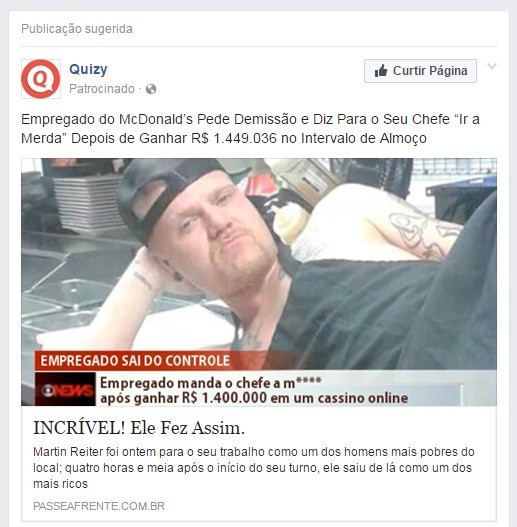 Notícia falsa usando a marca da GloboNews oferecida como anúncio dentro do Facebook (Foto: Reprodução)